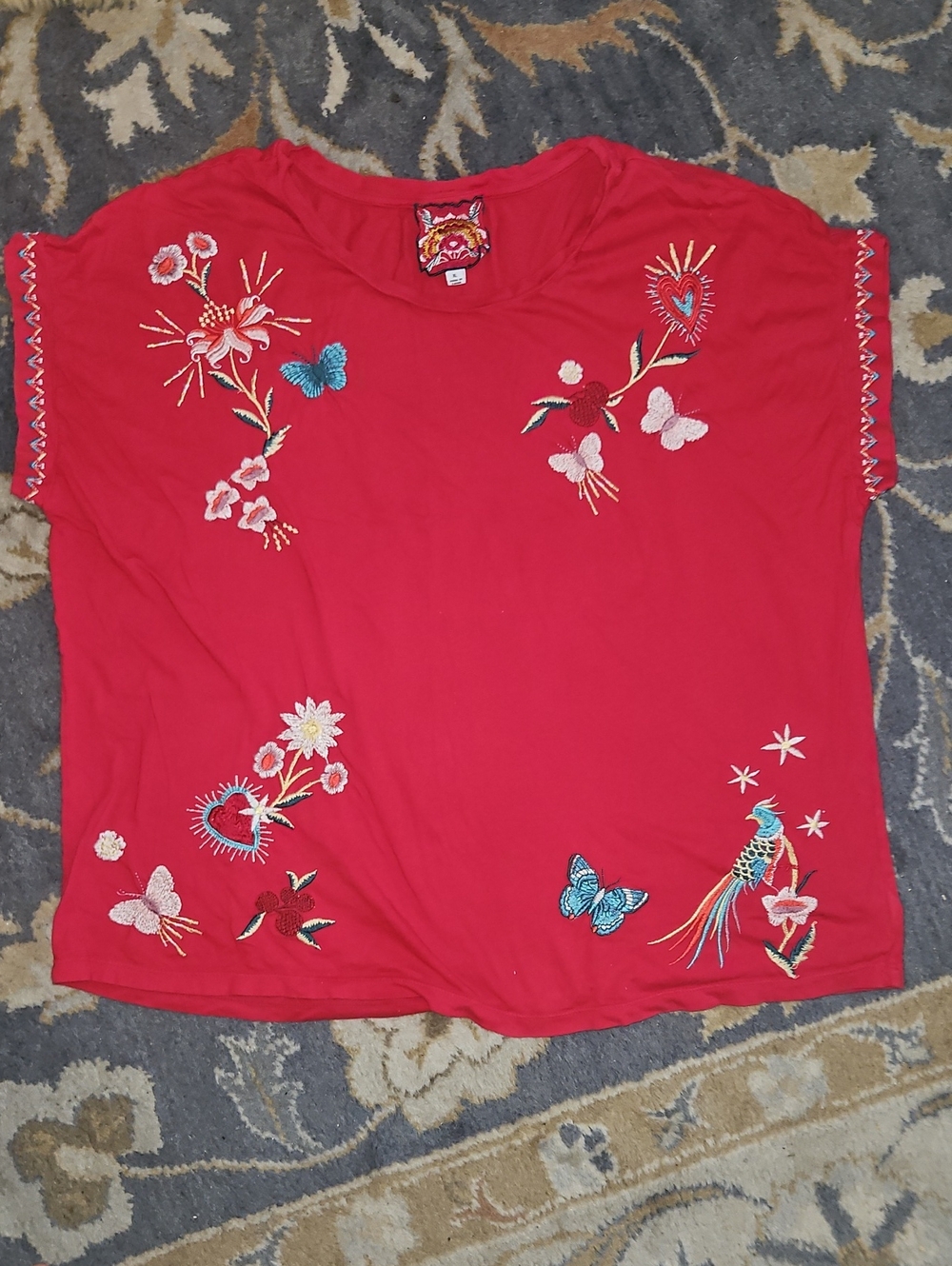 Johnny Was 1x Red Embroidered Flowy Blouse